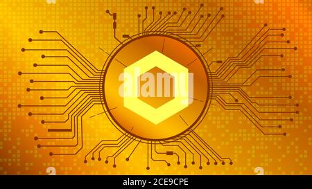 Simbolo del token di criptovaluta chainlink LINK del progetto defi in cerchio con tracce PCB su sfondo oro. Icona valuta. Sostegno finanziario decentralizzato Illustrazione Vettoriale