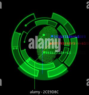 Sistema di identificazione digitale per la scansione delle impronte digitali, illustrazione astratta Foto Stock