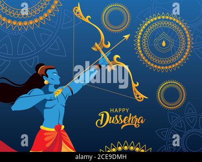 Manifesto di lord Rama con arco e freccia in felice Disegno di illustrazione vettoriale di Dussehra Illustrazione Vettoriale