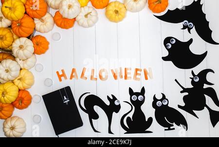 Sfondo di Halloween con zucche, un pipistrello, un gufo, un libro nero, due gatti, un fantasma e una strega di carta nera su sfondo bianco. Spazio di copia per il testo. Fest Foto Stock