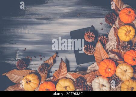 Vista dall'alto del giorno di Halloween e del giorno del Ringraziamento, della zucca arancione, della zucca gialla, della zucca bianca, del maglione da maglieria, del pinecone, del caffè Been e di un boo nero Foto Stock