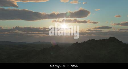 Panorama di montagna sulle nuvole tramonto. Illustrazione 3D generata dal computer Foto Stock