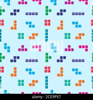 Illustrazione vettoriale colorata e arrotondata a forma di Tetris. Modello di disegno con ripetizione senza giunture. Tema colore rosa, viola, blu, verde, arancione, rosso Illustrazione Vettoriale