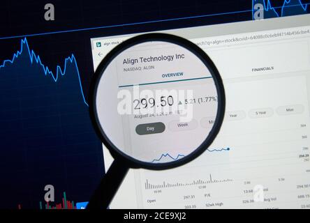 Montreal, Canada - 28 agosto 2020: Allinea il ticker ALGN sotto la lente d'ingrandimento. Align Technology è un produttore di scanner digitali 3D e clea Foto Stock