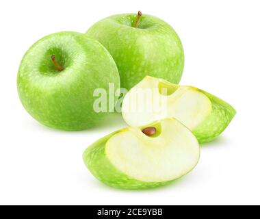 Mele verdi isolate. Due mele Granny Smith intere e due spicchi isolati su sfondo bianco Foto Stock