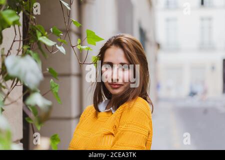Donna graziosa che guarda la macchina fotografica Foto Stock