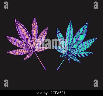 Estate brillante astratto decorativo foglie psichedeliche marijuana, colore gradiente neon, isolato su sfondo nero. Illustrazione Vettoriale