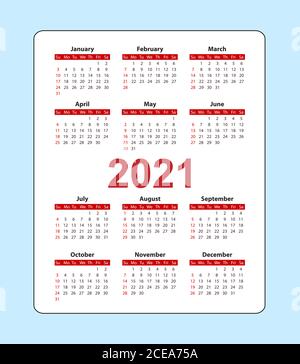 Calendario verticale tascabile 2021 anni. La settimana inizia dalla domenica. Calendario modello vettoriale per aziende su sfondo chiaro. Illustrazione Vettoriale