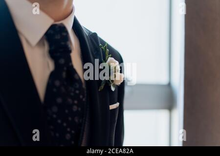 Crop groom in elegante cravatta e tuta Foto Stock