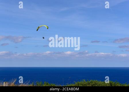 Magnifica vista sul drone dei parapendio luminosi che volano contro il cielo nuvoloso sulla bella natura verde e il mare in giornata di sole Foto Stock