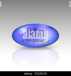 Capsula di pillola di goccia minerale di manganese. Design complesso vitaminico Illustrazione Vettoriale