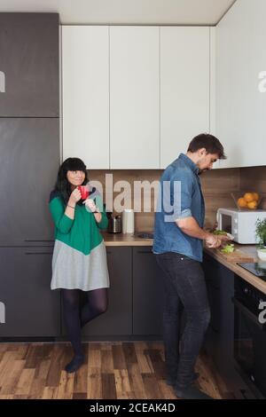 Coppia allegra cucinare insieme in cucina Foto Stock