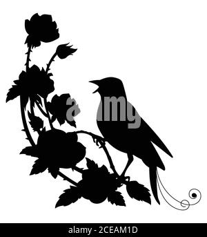 Vettore template nightingale uccello e fiori. Figura con profilo nero isolata su bianco. Per l'invito di nozze, disegno, stampa, t-shirt, home de Illustrazione Vettoriale