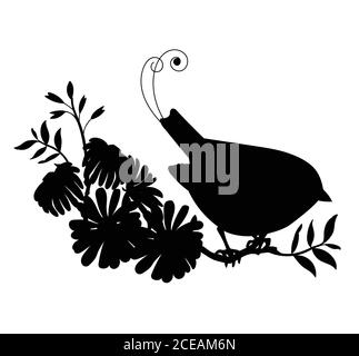 Modello vettoriale carino songbird e fiori. Figura con profilo nero isolata su bianco. Per l'invito al matrimonio, design, stampa, t-shirt, arredamento per la casa Illustrazione Vettoriale