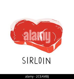 Bistecca di sirloin, carne non cotta, taglio di manzo illustrato, illustrazione vettoriale realistica isolato su sfondo bianco, buono come icona per macelleria. Illustrazione Vettoriale