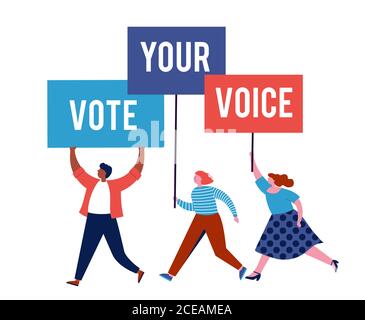Gruppo di persone, camminando con bandiere alle elezioni. Folla di donne e uomini in una dimostrazione. Concetto di campagna elettorale, vettore di tema di voto Illustrazione Vettoriale