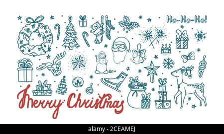 Buon Natale doodle card con tutti gli oggetti vacanza. Schizzo di Natale disegnato a mano. Illustrazione vettoriale isolata Illustrazione Vettoriale
