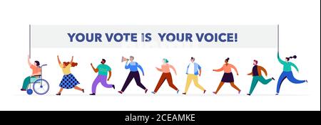 Gruppo di persone, camminando con bandiere alle elezioni. Folla di donne e uomini in una dimostrazione. Concetto di campagna elettorale, vettore di tema di voto Illustrazione Vettoriale