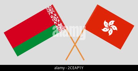 Bandiere incrociate di Bielorussia e Hong Kong. Colori ufficiali. Proporzione corretta. Illustrazione vettoriale Illustrazione Vettoriale