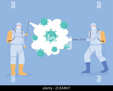 disinfezione del virus, covid 19 coronavirus, scienziati medici in tute di nocciolo pulizia e disinfezione cellule coronavirus illustrazione vettoriale Illustrazione Vettoriale