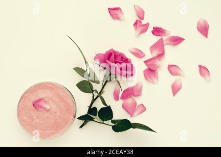 Vasetto con crema idratante fatta in casa e fiori di rosa. Vista dall'alto. Foto Stock