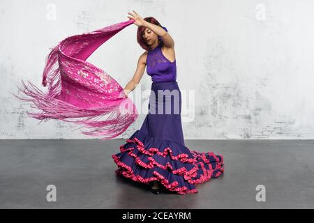 Ballerina di flamenco in azione con il tipico costume da ballo spagnolo. Velocità e movimento elevati. Foto Stock