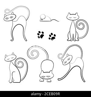 Un set di gatti eleganti in profilo e viso. Il gatto gioca con il mouse, dorme, si allunga, prima di saltare. Un'immagine di contorno in bianco e nero su un bianco Illustrazione Vettoriale
