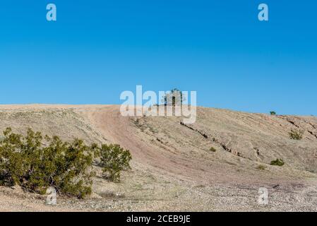 Una duna di sabbia nel deserto di sonora della California meridionale, Stati Uniti, in primavera, con segni di pneumatici che saliscono su un cielo blu, giorno senza nuvole e con copy-sp Foto Stock