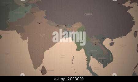 Mappa dell'Asia meridionale. Mappa continentale dettagliata del mondo su carta d'epoca. Foto Stock