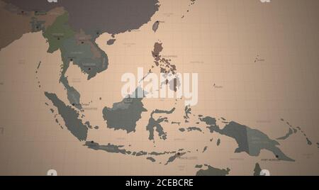 Mappa del Sud Est Asiatico. Mappa continentale dettagliata del mondo su carta d'epoca. Foto Stock