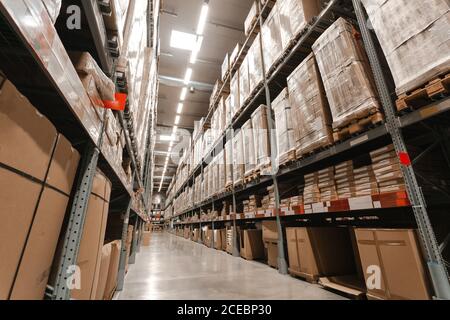 Interno magazzino con ripiani, pallet e scatole, file di ripiani con scatole merci in magazzino industriale moderno al magazzino di fabbrica. Foto Stock