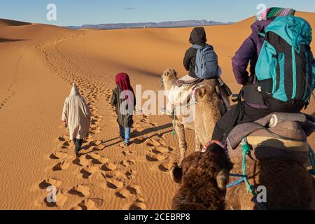 Vista posteriore di cammelli e persone di andare tra le terre di sabbia nel deserto di Marrakech, Marocco Foto Stock