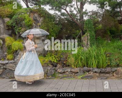 Seoul, Corea del Sud - Agosto, 08 2017: Vista laterale di bella giovane donna asiatica in abito tradizionale con ombrello trasparente e guardando la macchina fotografica mentre si trova in piedi in un parco incredibile Foto Stock