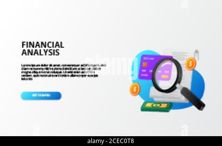 revisione del concetto di analisi finanziaria. concetto di economia aziendale. lente d'ingrandimento, bils, carta di credito, soldi 3d divertente modello di pagina di destinazione gradiente moderno Illustrazione Vettoriale