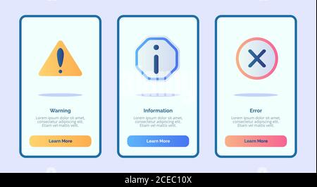 Errore informazioni di avviso per l'interfaccia utente della pagina di intestazione del modello di app mobili con tre varianti di stile moderno e piatto Illustrazione Vettoriale