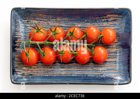 una vite di pomodori ciliegini su un rettangolo di ceramica blu primo piano della piastra Foto Stock