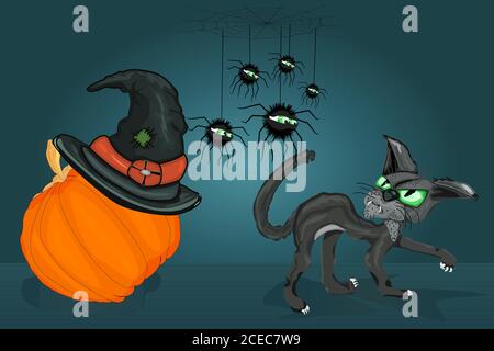 Gatto, ragni, zucca con cappello di strega. Arrabbiato gatto nero e ragni guardare a vicenda other.Cartoon character.Happy Halloween theme.Stock illustrazione vettore Illustrazione Vettoriale