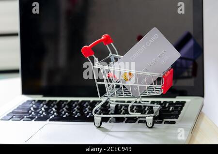 Carta di credito sul carrello presso il computer portatile. Business concept shopping online Foto Stock