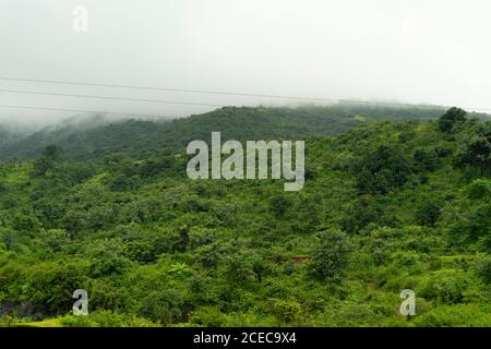 Scenario dei Ghats occidentali con la catena montuosa di Sahyadri, alberi lussureggianti e verdi Foto Stock