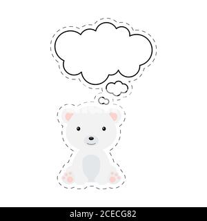 Carino orso polare cartoon con adesivo bolla del parlato. Kawaii personaggio su sfondo bianco. Cartoon seduto animale cartolina clipart per compleanno Illustrazione Vettoriale