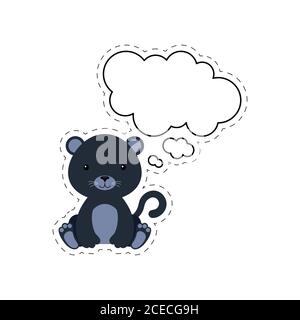 Simpatico pantera cartoon con adesivo bolla vocale. Kawaii personaggio su sfondo bianco. Cartoon seduto animale cartolina clipart per compleanno Illustrazione Vettoriale
