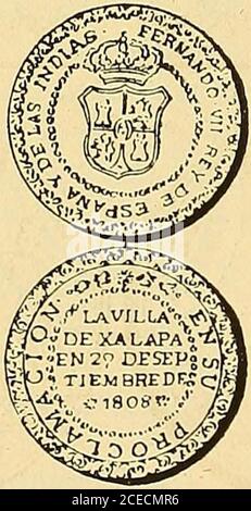 . Monastero americano (ilustrado) classificado. N ¡6-Anverso Leyenda Fernando • VII • Key • de • ESP • e • in • * 1808 • . En el campo: BUSTO del rey á la derecha, conToisón. Reverso Leyenda Procla • en • la • N • C • de • León •d • Nicar • en el campo: Escudo timbrado de corona ducalcon león rampante á la derecha sugetando el globo con ladiestra; á los lados 1   R. Plata: Peso 3 grammi. 2 decígr.. J A li A P A N 37 – Anverso Leyenda Fernando • VII • Rey de España • yde las Indias • en el campo: Escudo de armas deEspaña dentro de círculo de puntos. Reverso Leyenda en su Proclamación. En el campo: La Foto Stock