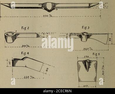 . COMMERCIAL INTELLIGENCE JOURNAL (CANADA) 1917 PT. 1. 18067-2 804 COMMERCIO e COMMERCIO la varietà di pale e utensili in uso nel nord della Francia, vale a dire il distretto carbonifero Pas-de-Calais, è mostrata nelle illustrazioni precedenti ottenute dalla compagnie des Mines de Bruay (Pas-de-Calais). Informazioni sugli attrezzi precedenti - Fig. 1 – pala (scala, 1:10), peso, 1 ko. 680. 2-martello a slitta (scala, 1:5), peso, 3 kos. 560. 3 - selezione vena (scala, 1:5), peso, 0 ko. 900. 4 - presa a muro (scala, 1:5), peso, 1 ko. 530. 5: Perforazione o cuneo (scala, 1:5). 6 – boratore manuale. 7-Ax (scala, 1:5), peso, 1 ko. 060. Foto Stock