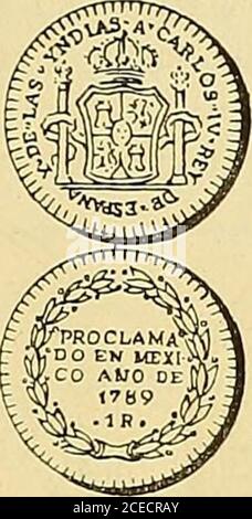 . Monastero americano (ilustrado) classificado. NO j 2 - Anverso Leyenda * A * Carlos *• IV * Rey • de • España *y ?*• de * las ?*? Indias •*•. En el campo: Escudo de armas deEspaña. Reverso. En el campo: Proclamado • en • México •Año * de • 1789 • * 8 R * , entre láurea. Plata: Peso 27 grammi. 15. X° 14 - Como la anteriore. Plata: Peso 6 grammi. 7 decir. Foto Stock