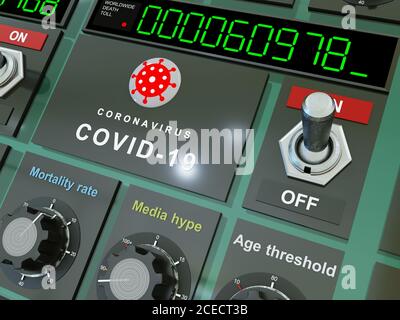 Controllo remoto del coronavirus. Concetto di origine artificiale del virus. Display digitale con il numero di morti. Regolatori del tasso di mortalità Foto Stock
