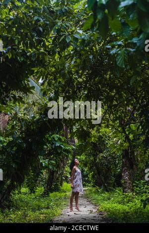 Vista laterale attraente donna ispanica con testa in alto sul sentiero nella foresta verde nelle Isole Bocas del Toro, Panama Foto Stock