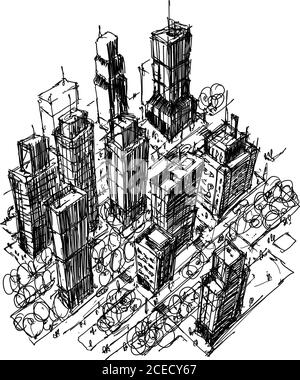 Disegnato a mano schizzo architettonico di una città moderna con alti edifici e persone nelle strade Illustrazione Vettoriale