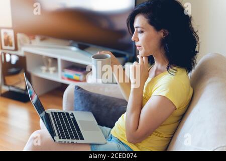 Una donna con un computer portatile è seduta sul divano nel suo appartamento. Lavora e guarda le notizie sui social network. Foto Stock