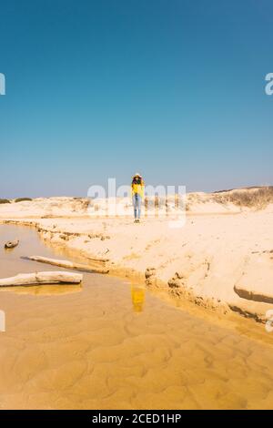 Donna in piedi sulla spiaggia sabbiosa Foto Stock