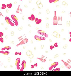 Champagne, scarpe flip flop, cuori senza cuciture motivo vettoriale sfondo. Oro, rosa, sfondo bianco di bottiglie, bicchieri da bibita, sandali. Ripetizione divertente per Illustrazione Vettoriale